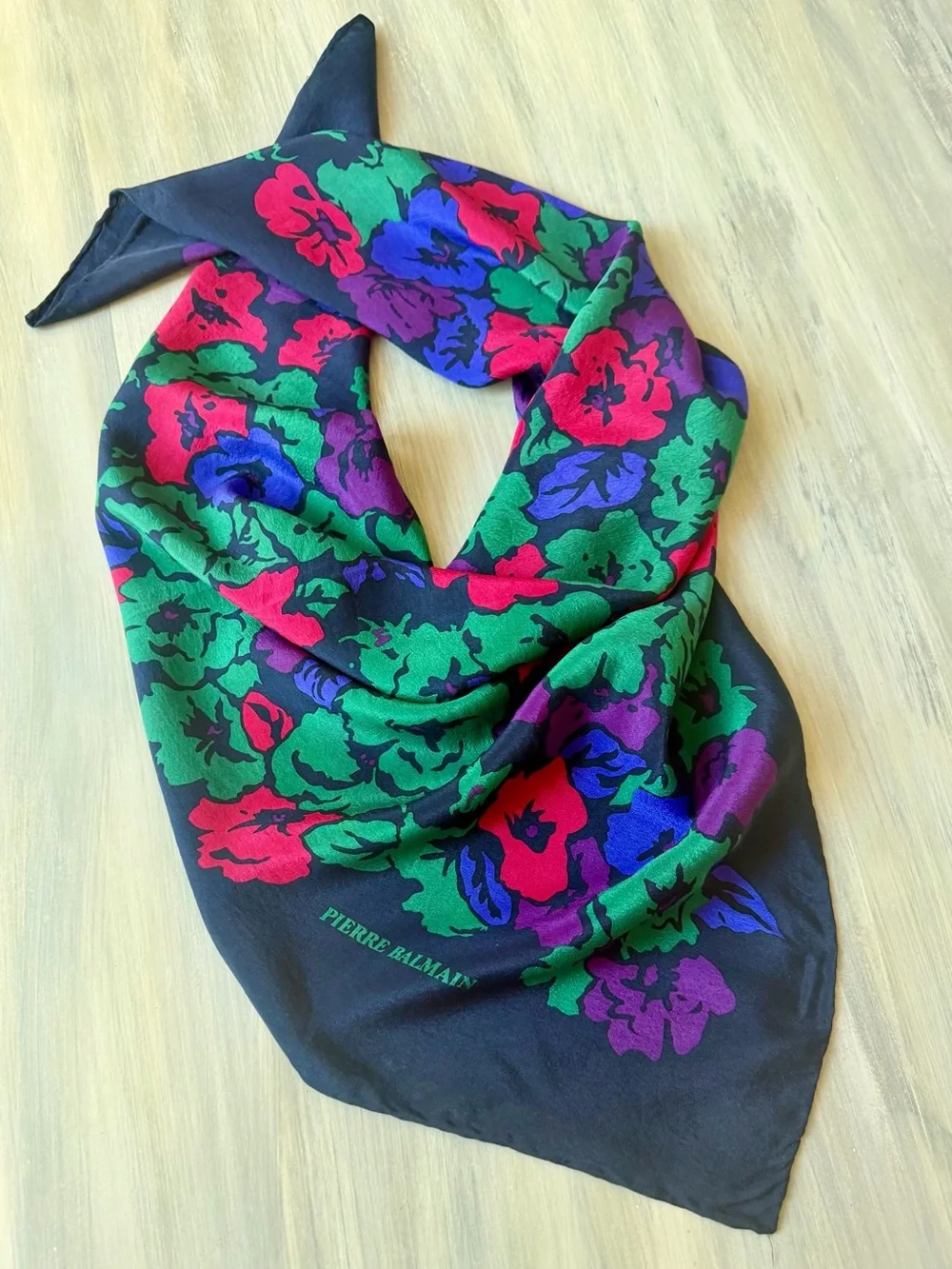 Balmain Navy Floral Silk Scarf Cottagecore Green Purple Pink Blooms